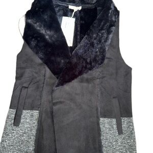 Mystree Black Faux Fur Collar Long Vest with Gray Knit Panels